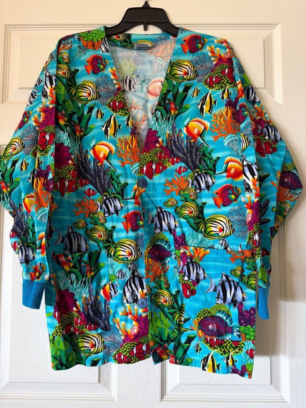 Colorful Seattle Scrubworks Fish Print Scrub Jacket With Button Front Pockets &